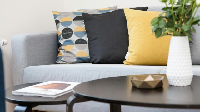 centerpiece on coffee table beside sofa with three pillows