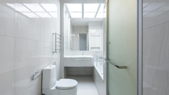 bathroom with white ceramic toilet bowl in a white wall tile